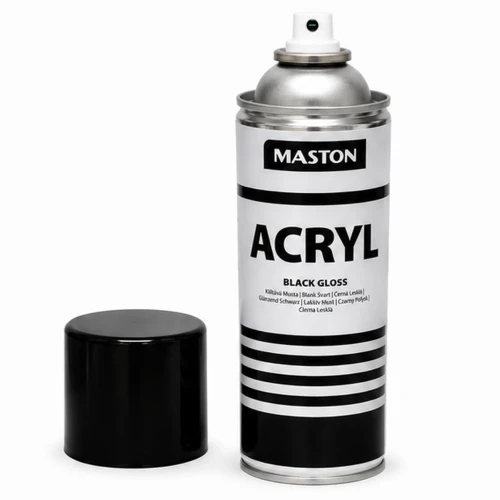 Lakier akrylowy Maston czarny połysk z otwartą puszką i rozpylaczem