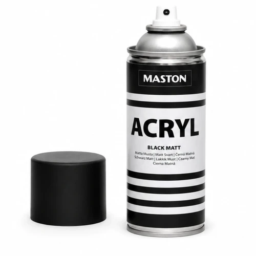 Lakier akrylowy Maston czarny mat z otwartą puszką i rozpylaczem