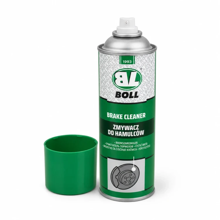 Zmywacz do hamulców BOLL spray z otwartą puszką na białym tle