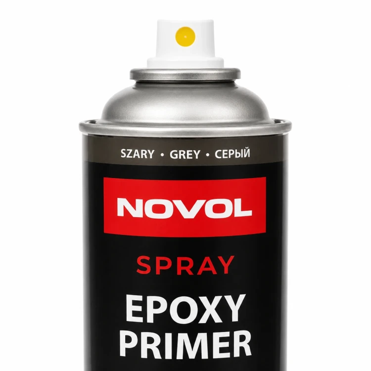 Podkład epoksydowy Novol w sprayu – zbliżenie na etykietę i dyszę