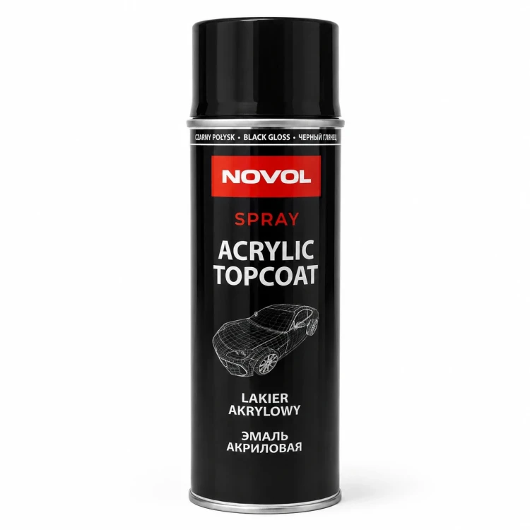 Lakier akrylowy NOVOL Acrylic Topcoat czarny połysk spray 500 ml – widok z przodu