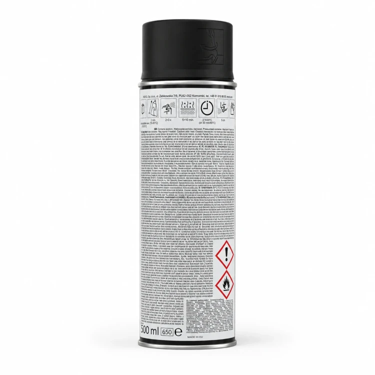 Lakier akrylowy NOVOL Acrylic Topcoat czarny mat spray 500 ml – widok etykiety z tyłu