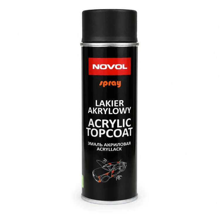 Lakier akrylowy NOVOL Acrylic Topcoat czarny mat spray 500 ml – widok z przodu