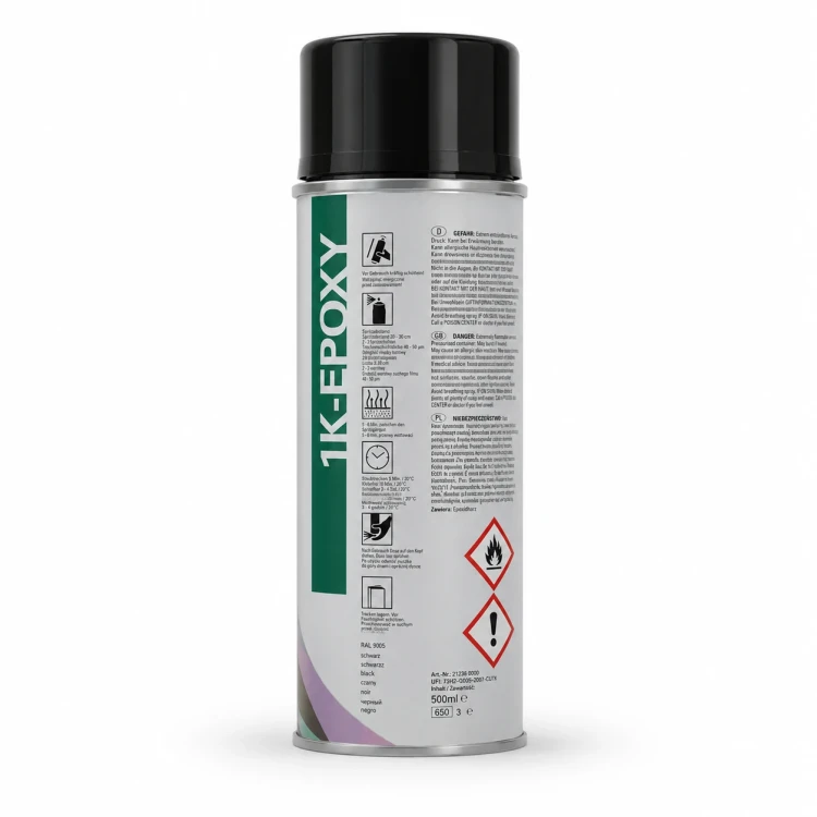 Mipa 1K Epoxy Primer czarny podkład epoksydowy spray 400 ml – etykieta z instrukcją stosowania