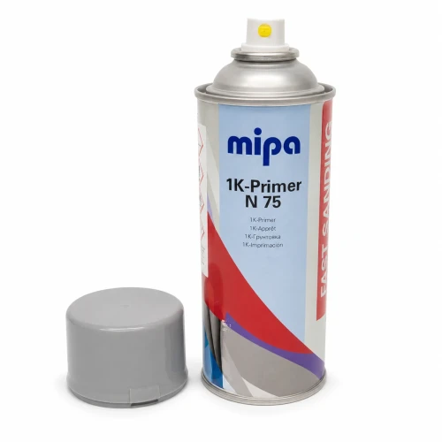 Podkład w sprayu Mipa 1K Primer N75 szary z obok położoną nakrętką