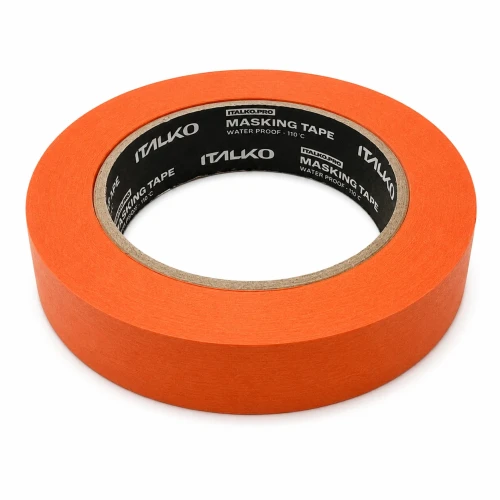 Pomarańczowa taśma maskująca ITALKO Pro 25 mm z widocznym nadrukiem wewnątrz rolki