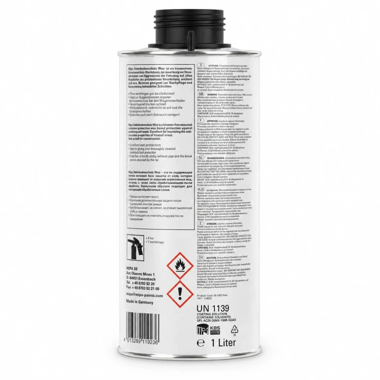 Mipa Unterbodenschutz Wax 1 l – tylna etykieta opakowania
