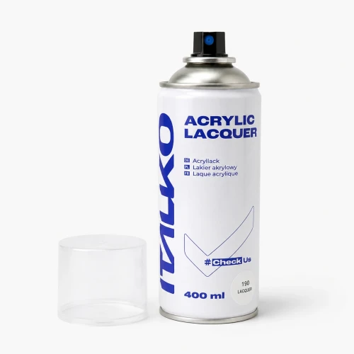 ITALKO lakier akrylowy 400 ml z przezroczystą nakrętką obok opakowania