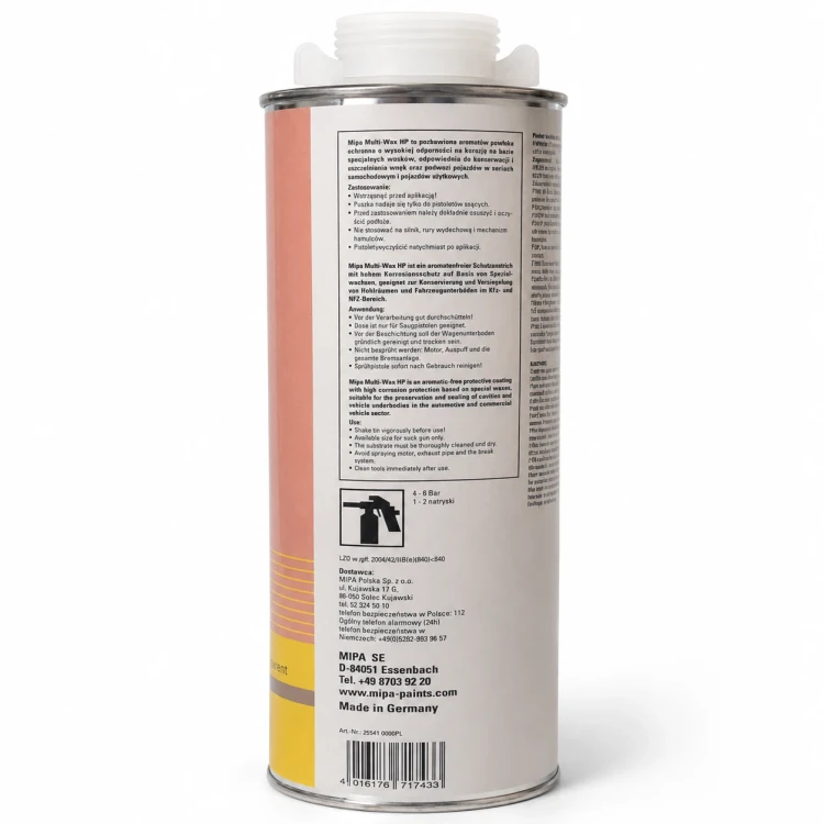 Tylna etykieta wosku antykorozyjnego Mipa Multi-Wax HP Transparent