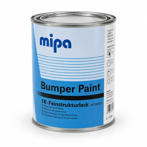 Czarny lakier strukturalny Mipa Bumper Paint 1 l widok opakowania z przodu i z prawej strony