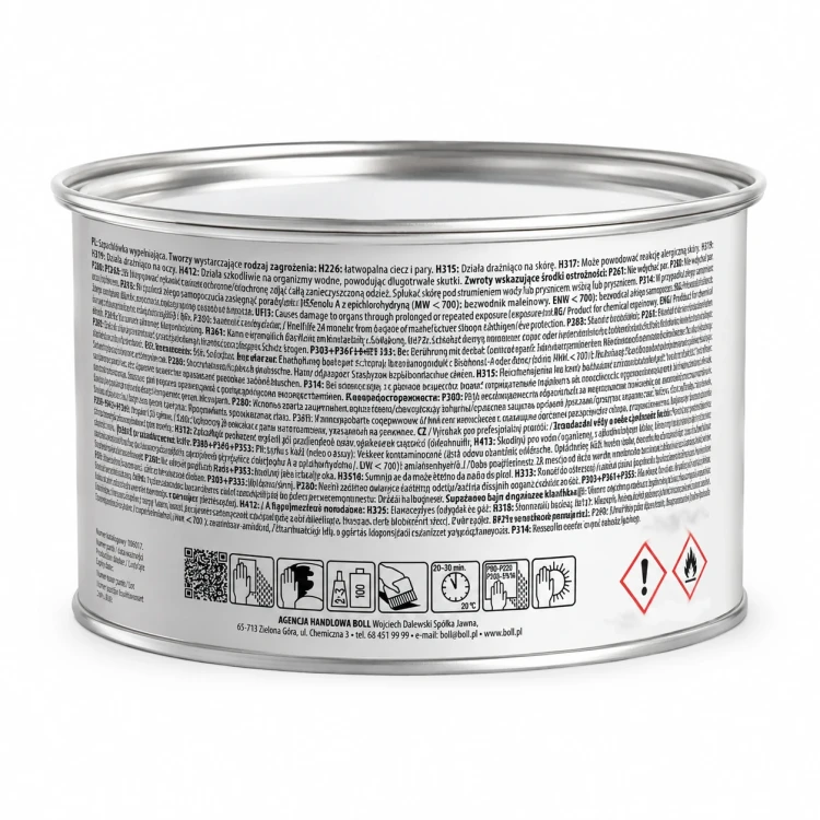 BOLL szpachlówka z aluminium – tył opakowania z instrukcją użycia i oznaczeniami ostrzegawczymi
