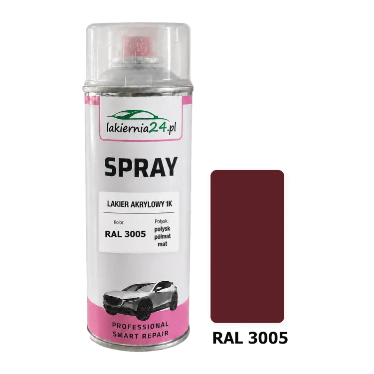 Lakier akrylowy 1K spray 400 ml RAL 3005 – puszka i próbnik koloru