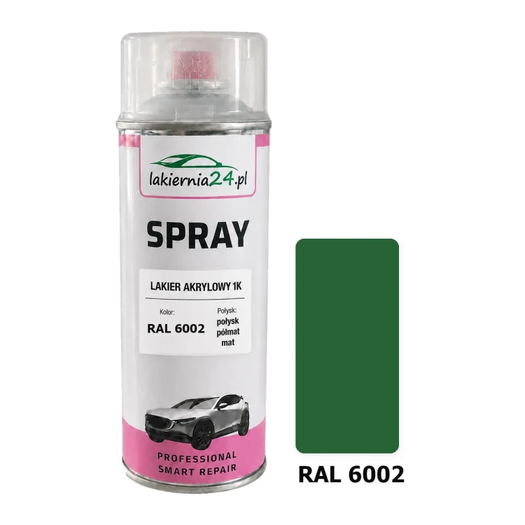Lakier akrylowy 1K spray 400 ml RAL 6002 – puszka i próbnik koloru