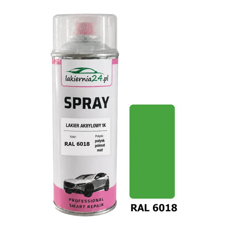 Lakier akrylowy 1K spray 400 ml RAL 6018 – puszka i próbnik koloru