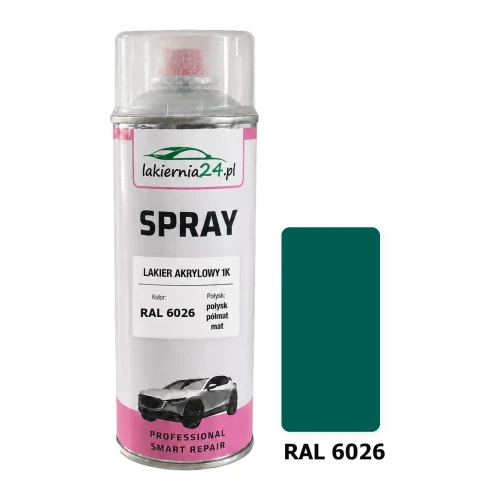 Lakier akrylowy 1K spray 400 ml RAL 6026 – puszka i próbnik koloru