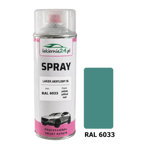 Lakier akrylowy 1K spray 400 ml RAL 6033 – puszka i próbnik koloru