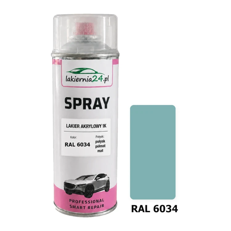 Lakier akrylowy 1K spray 400 ml RAL 6034 – puszka i próbnik koloru