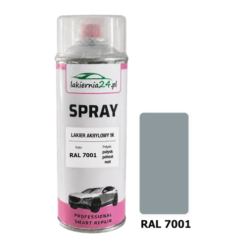 Lakier akrylowy 1K spray 400 ml RAL 7001 – puszka i próbnik koloru