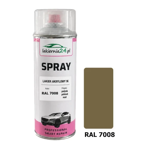 Lakier akrylowy 1K spray 400 ml RAL 7008 – puszka i próbnik koloru