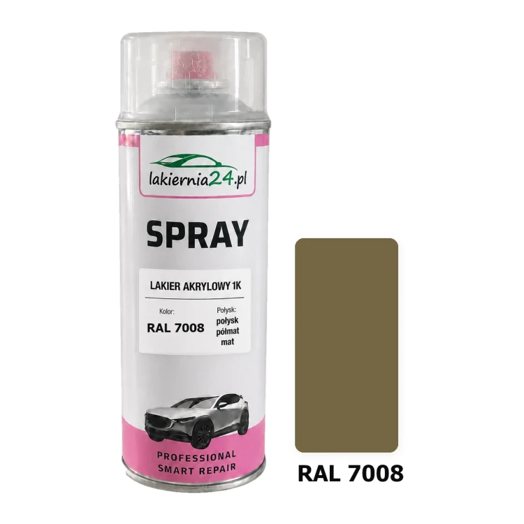 Lakier akrylowy 1K spray 400 ml RAL 7008 – puszka i próbnik koloru