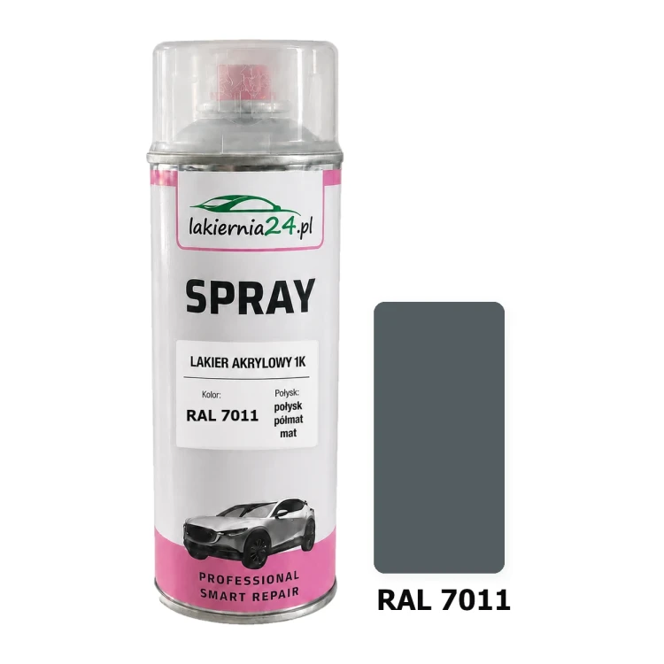 Lakier akrylowy 1K spray 400 ml RAL 7011 – puszka i próbnik koloru