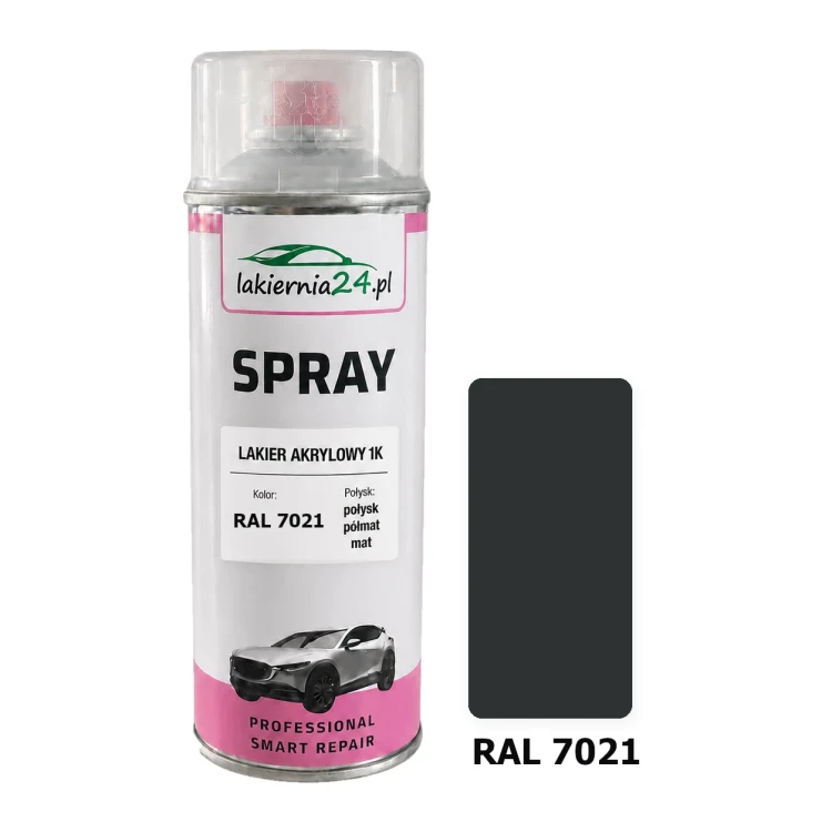 Lakier akrylowy 1K spray 400 ml RAL 7021 – puszka i próbnik koloru