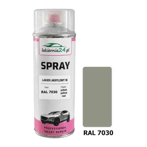Lakier akrylowy 1K spray 400 ml RAL 7030 – puszka i próbnik koloru