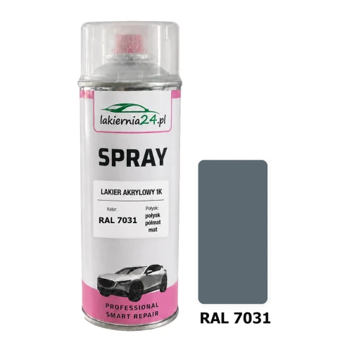 Lakier akrylowy 1K spray 400 ml RAL 7031 – puszka i próbnik koloru