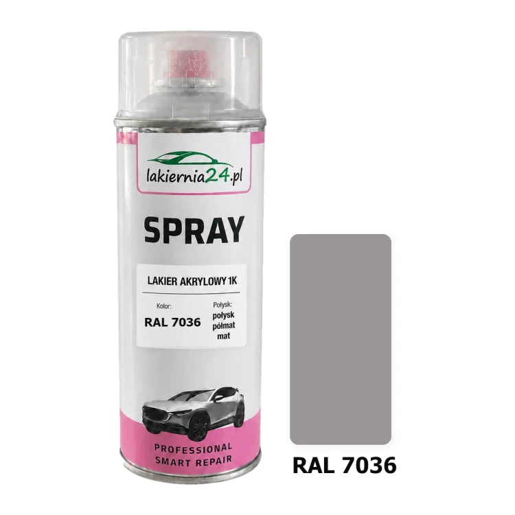 Lakier akrylowy 1K spray 400 ml RAL 7036 – puszka i próbnik koloru