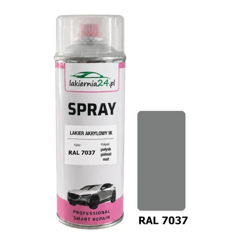 Lakier akrylowy 1K spray 400 ml RAL 7037 – puszka i próbnik koloru