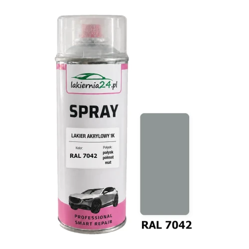 Lakier akrylowy 1K spray 400 ml RAL 7042 – puszka i próbnik koloru