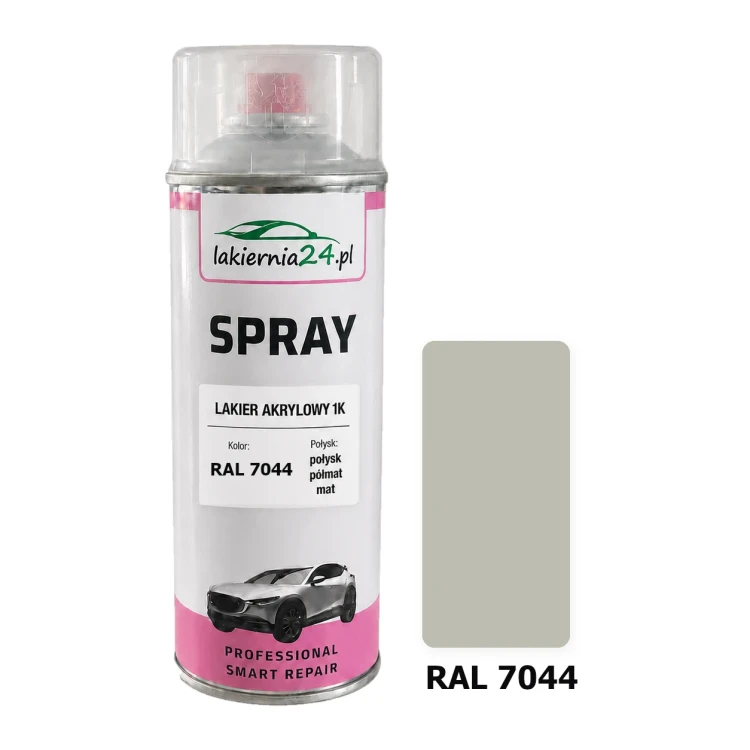 Lakier akrylowy 1K spray 400 ml RAL 7044 – puszka i próbnik koloru