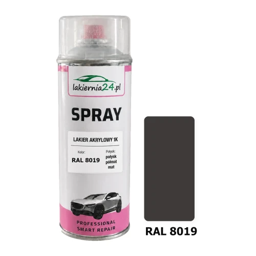 Lakier akrylowy 1K spray 400 ml RAL 8019 – puszka i próbnik koloru