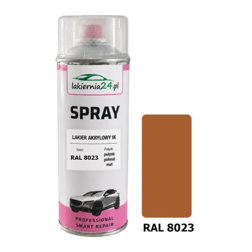 Lakier akrylowy 1K spray 400 ml RAL 8023 – puszka i próbnik koloru