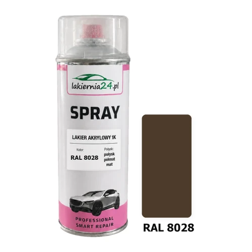 Lakier akrylowy 1K spray 400 ml RAL 8028 – puszka i próbnik koloru