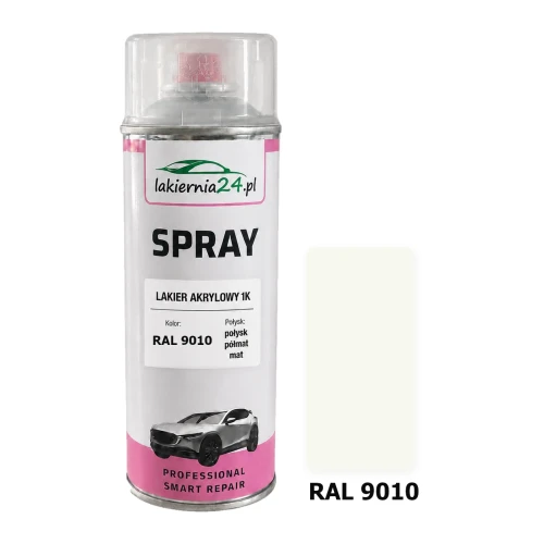 Lakier akrylowy 1K spray 400 ml RAL 9010 – puszka i próbnik koloru
