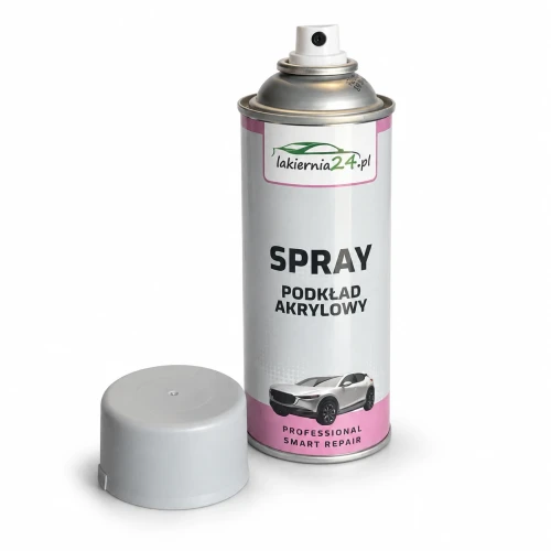 Podkład akrylowy w sprayu Lakiernia24.pl z odkrytym atomizerem i nasadką obok