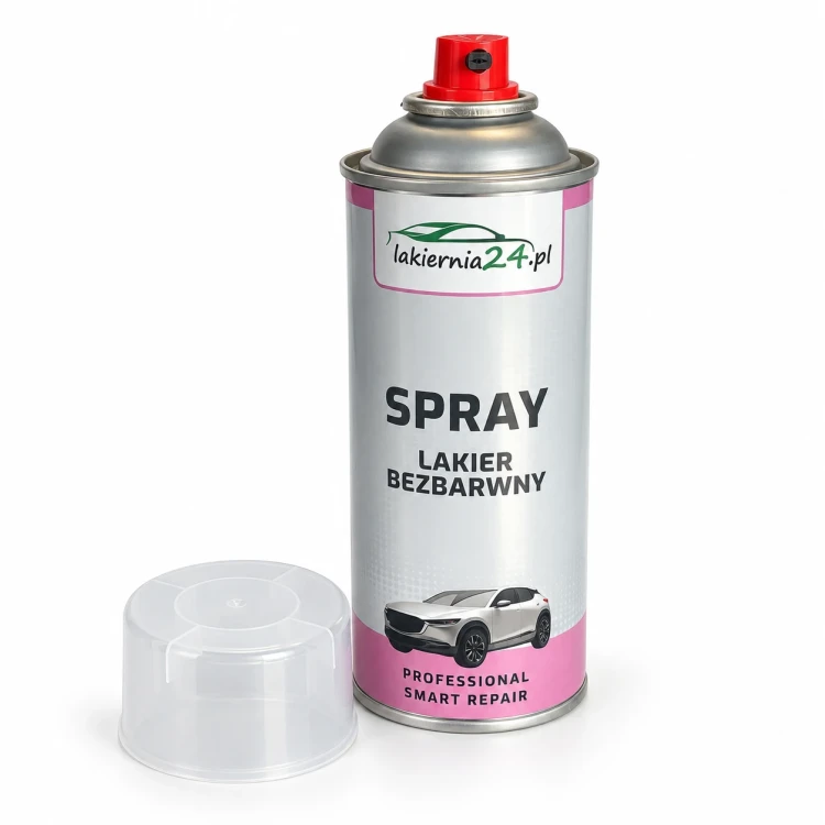 Lakier bezbarwny w sprayu Lakiernia24.pl z czerwonym atomizerem i nasadką obok