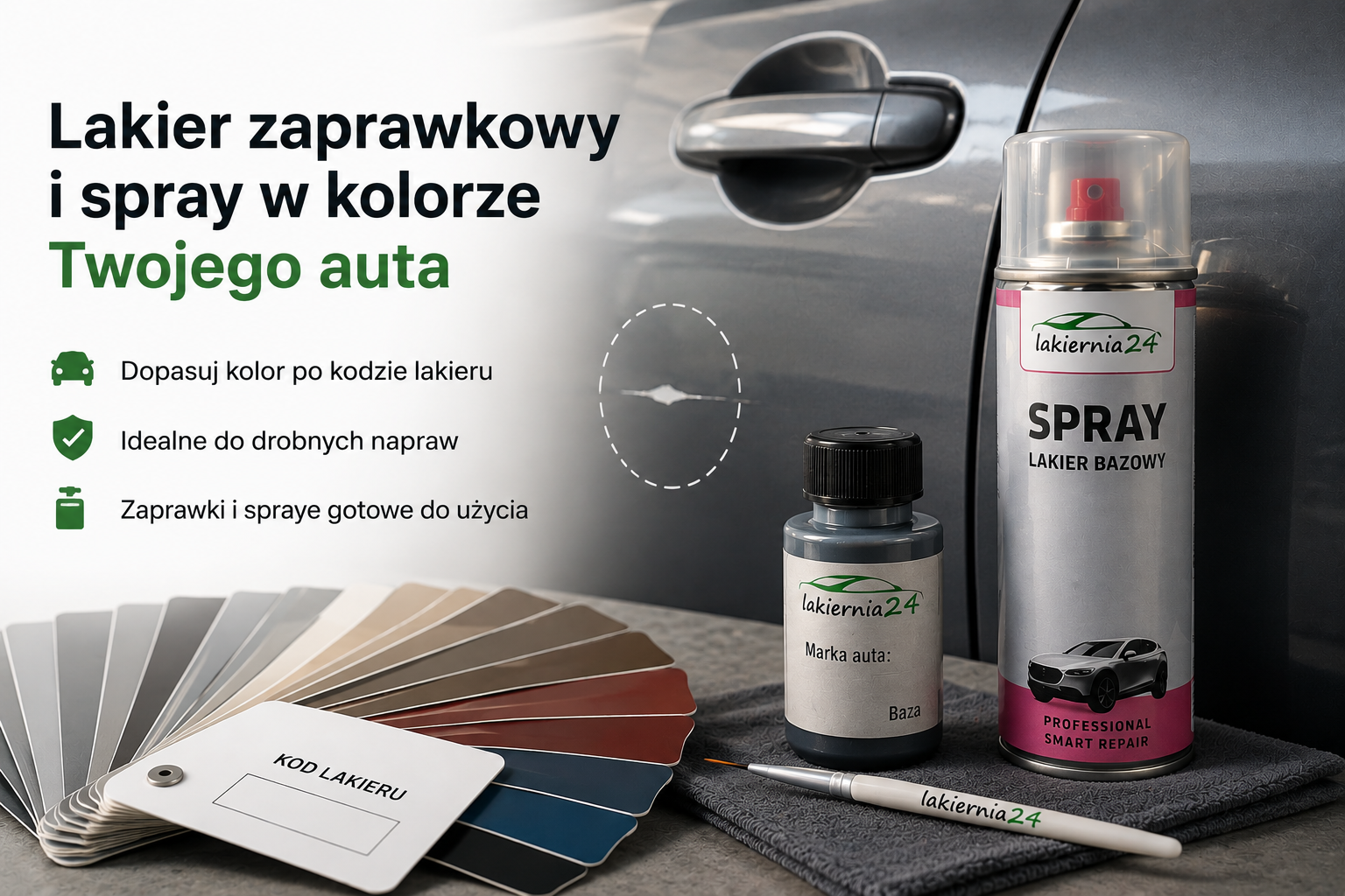 Lakier zaprawkowy i spray samochodowy w kolorze auta